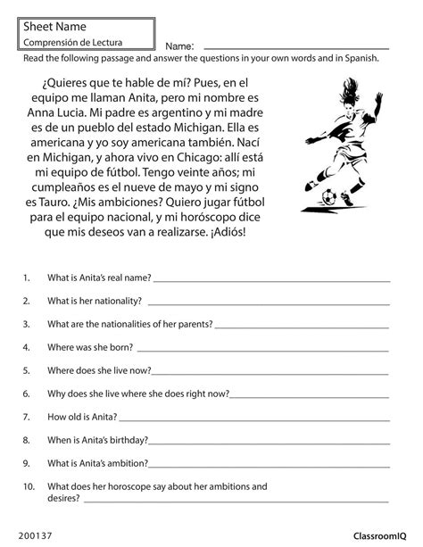 spanish reading comprehension worksheets high school pdf
